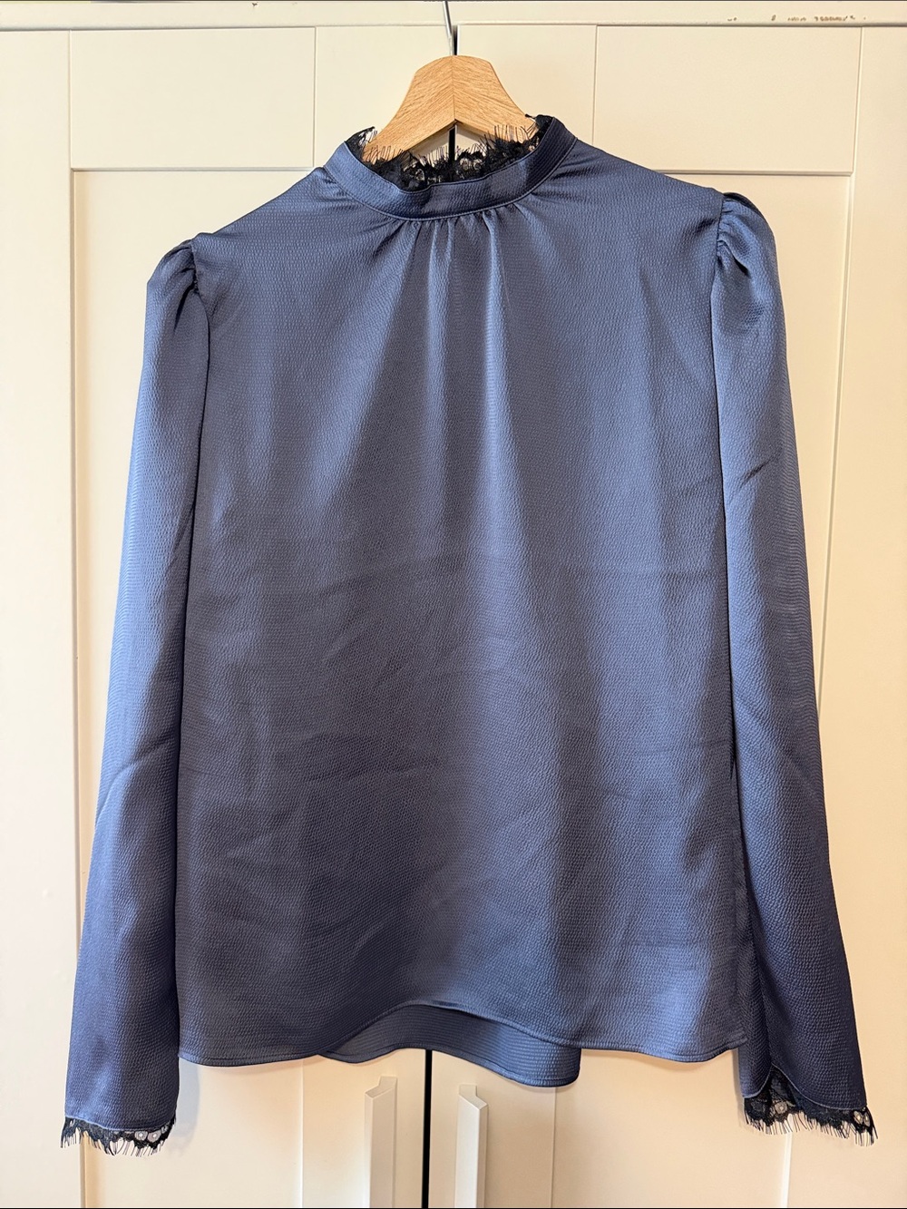 Women's Express Blue Silk-Blend Long Sleeve Blouse with Lace Trim